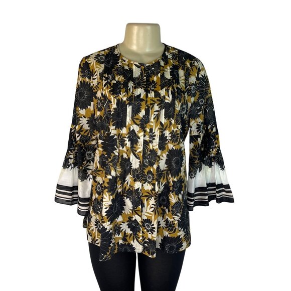 Kobi Halperin Black & Yellow Floral Print Blouse With Bell Sleeves Womens Size M - Picture 1 of 6